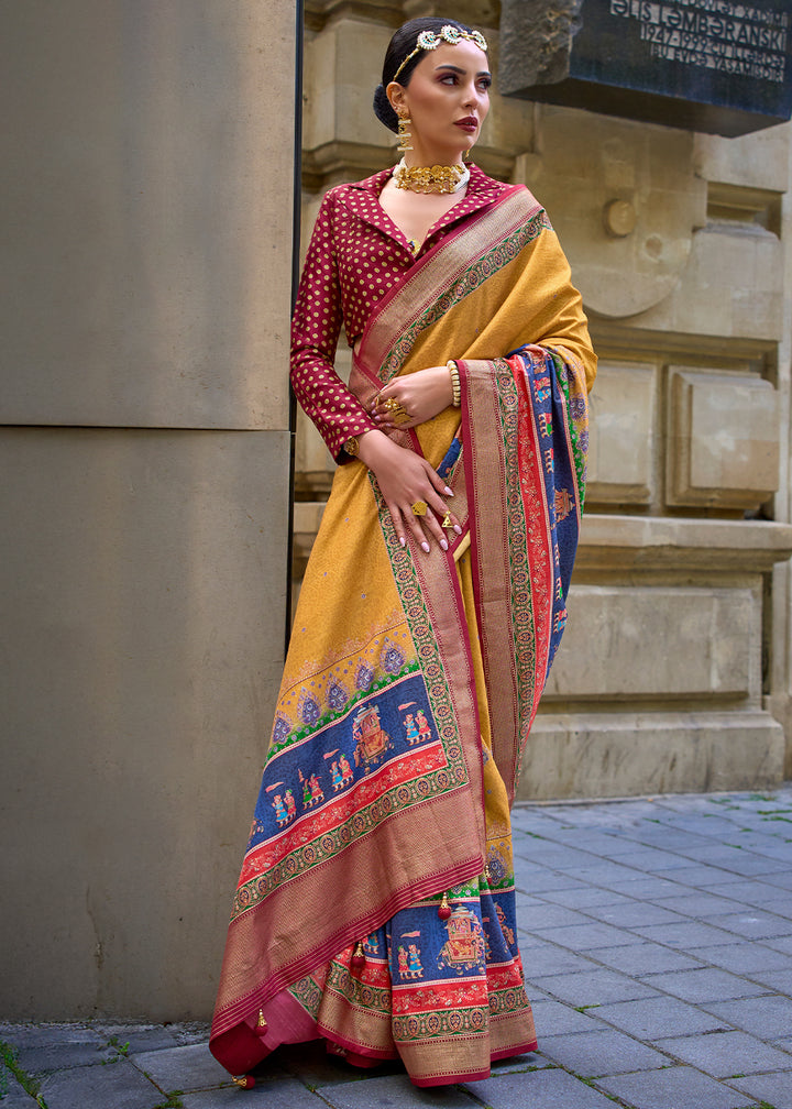 Saffron Yellow Foil Print Viscose Silk Saree with a Stunning Apoxy Finish