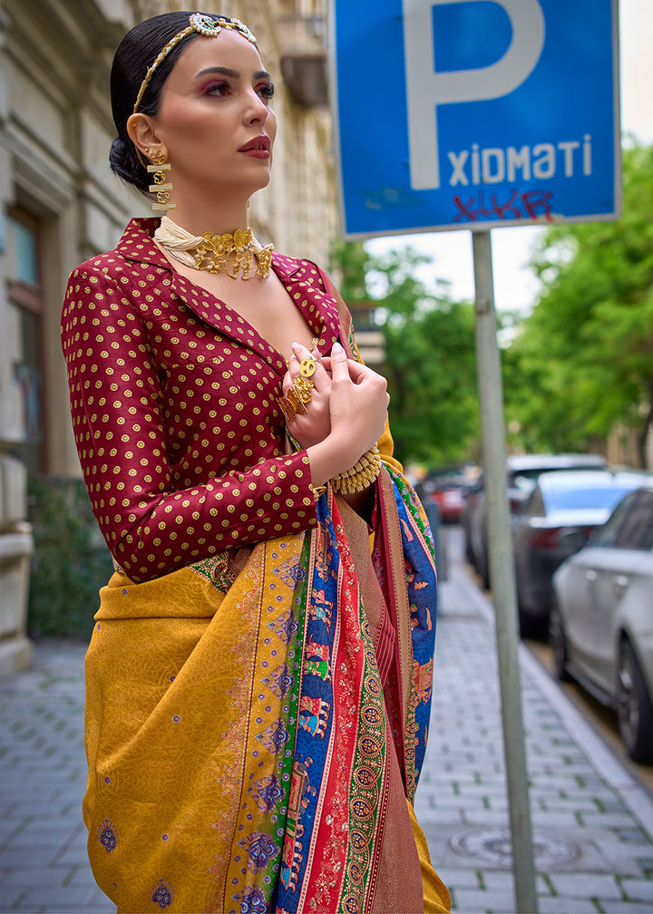 Saffron Yellow Foil Print Viscose Silk Saree with a Stunning Apoxy Finish