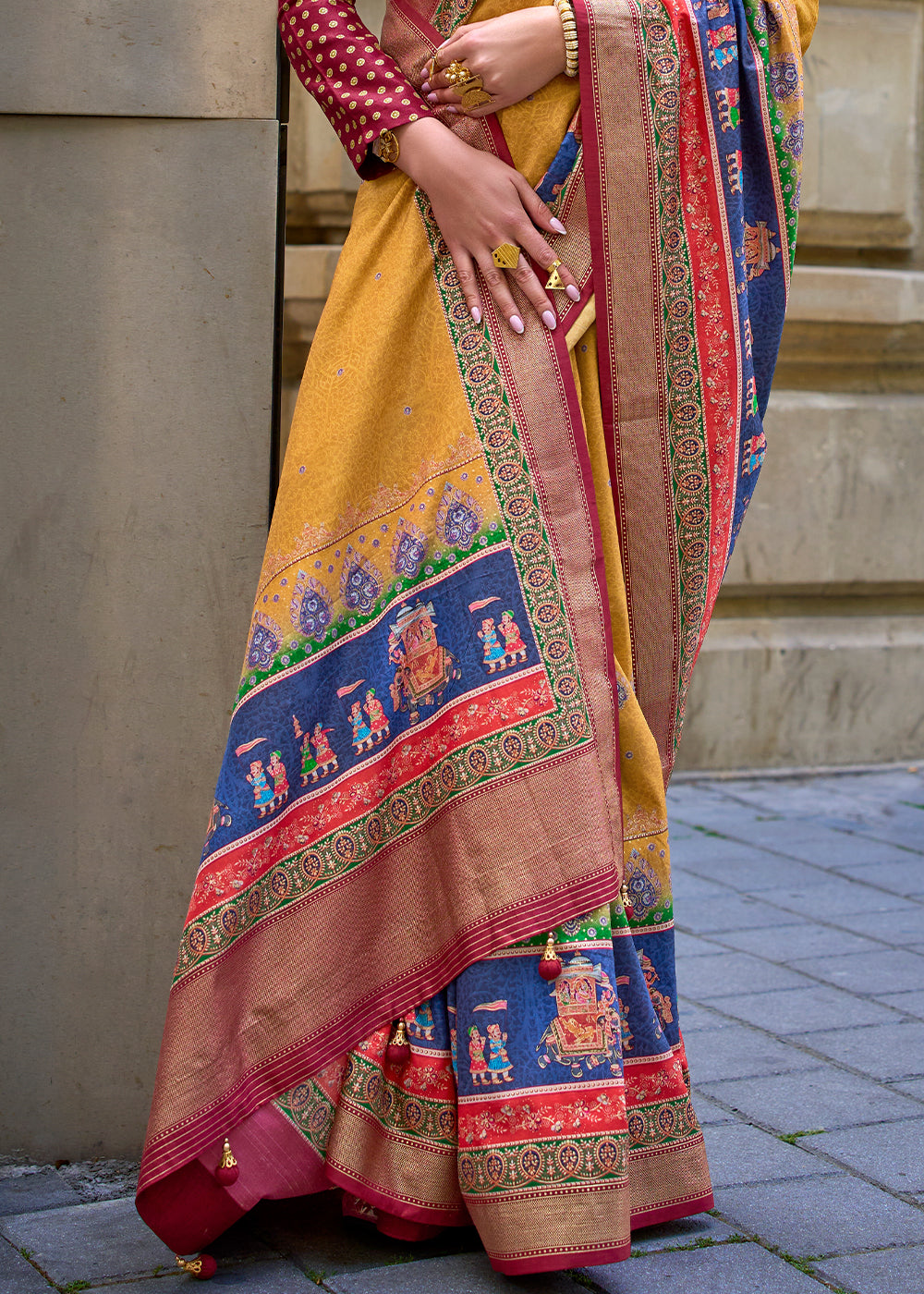 Saffron Yellow Foil Print Viscose Silk Saree with a Stunning Apoxy Finish