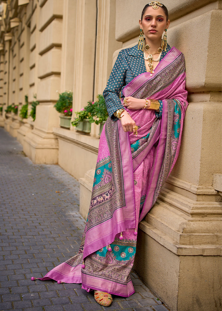 Neon Pink Foil Print Viscose Silk Saree with a Stunning Apoxy Finish