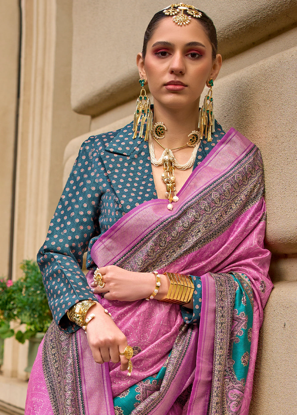 Neon Pink Foil Print Viscose Silk Saree with a Stunning Apoxy Finish