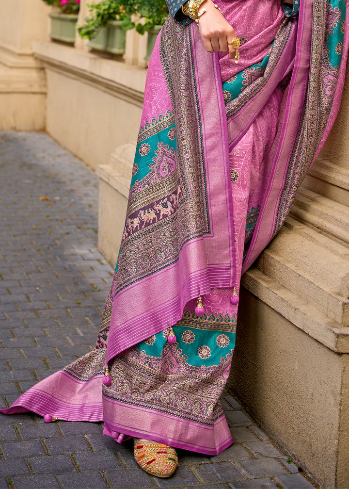 Neon Pink Foil Print Viscose Silk Saree with a Stunning Apoxy Finish