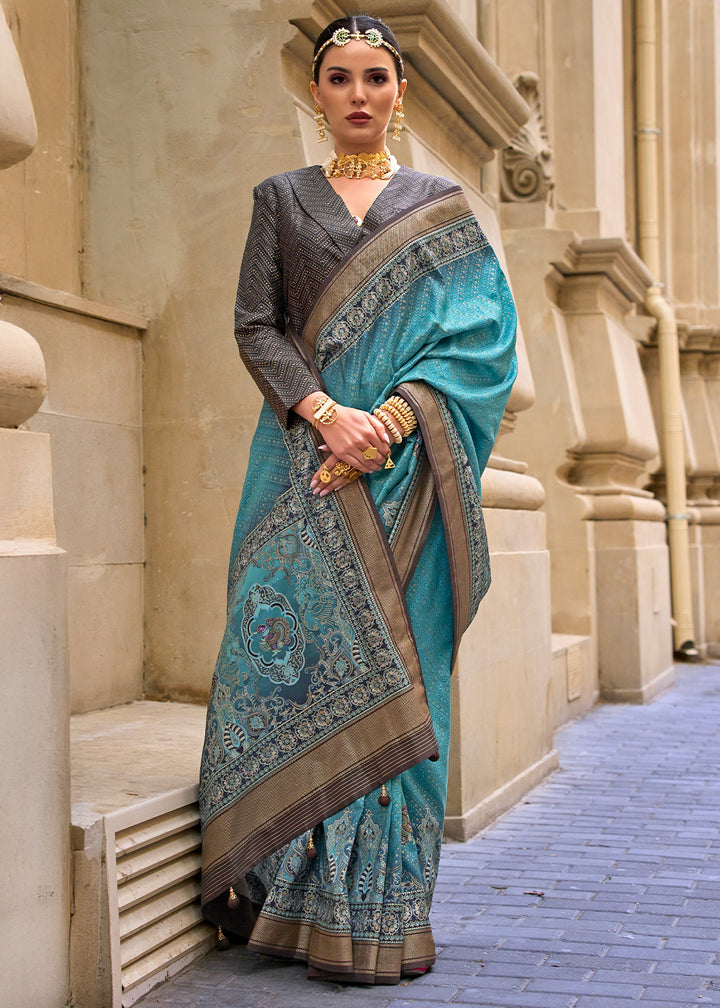 Bondi Blue Foil Print Viscose Silk Saree with a Stunning Apoxy Finish