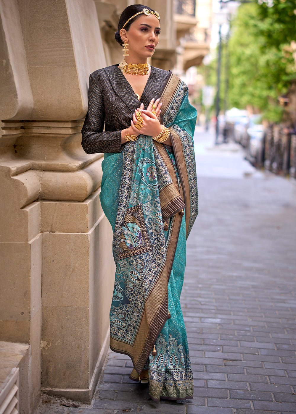 Bondi Blue Foil Print Viscose Silk Saree with a Stunning Apoxy Finish