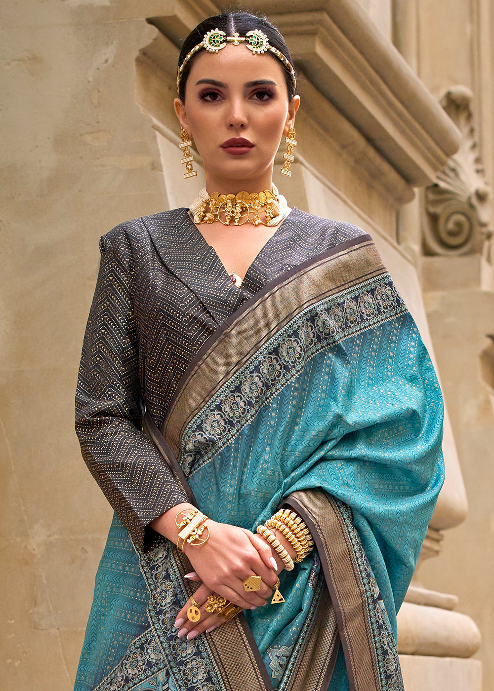 Bondi Blue Foil Print Viscose Silk Saree with a Stunning Apoxy Finish