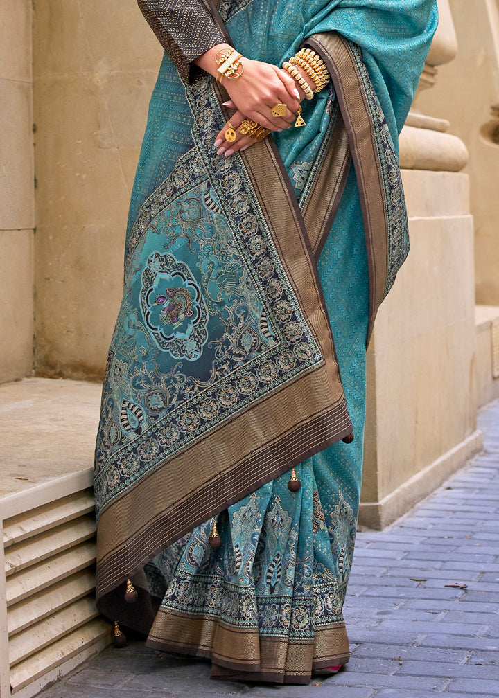 Bondi Blue Foil Print Viscose Silk Saree with a Stunning Apoxy Finish