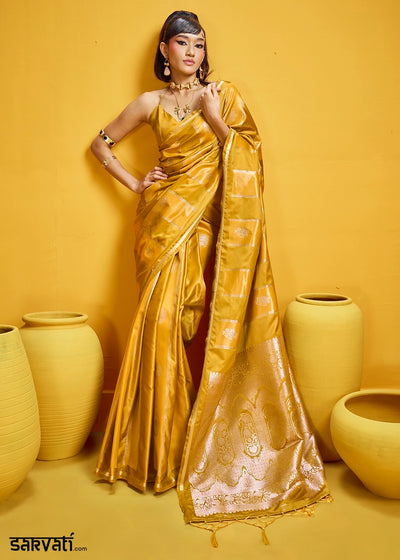 Mustard Yellow Artisan Handloom Satin Silk Saree