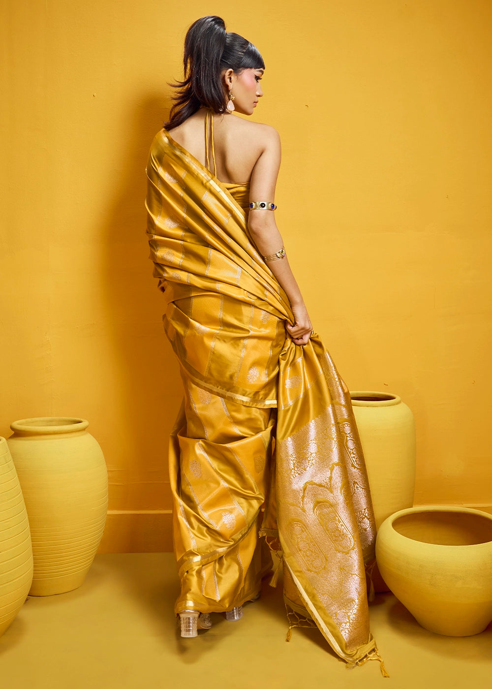 Mustard Yellow Artisan Handloom Satin Silk Saree