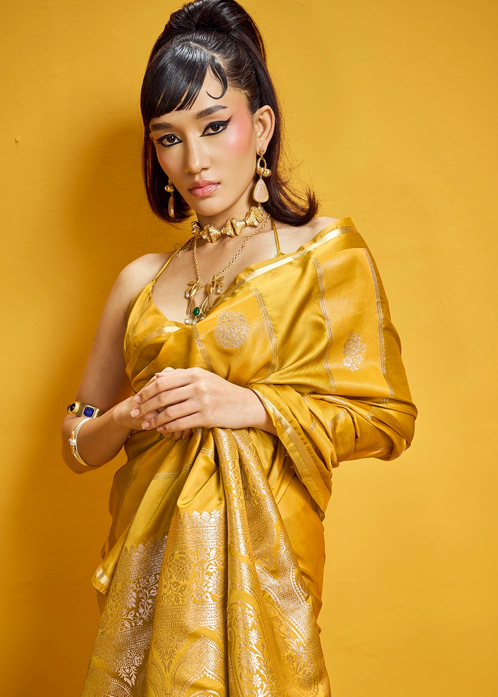 Mustard Yellow Artisan Handloom Satin Silk Saree