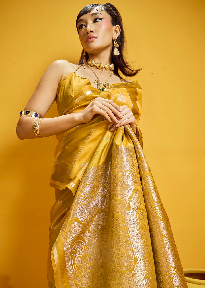 Mustard Yellow Artisan Handloom Satin Silk Saree