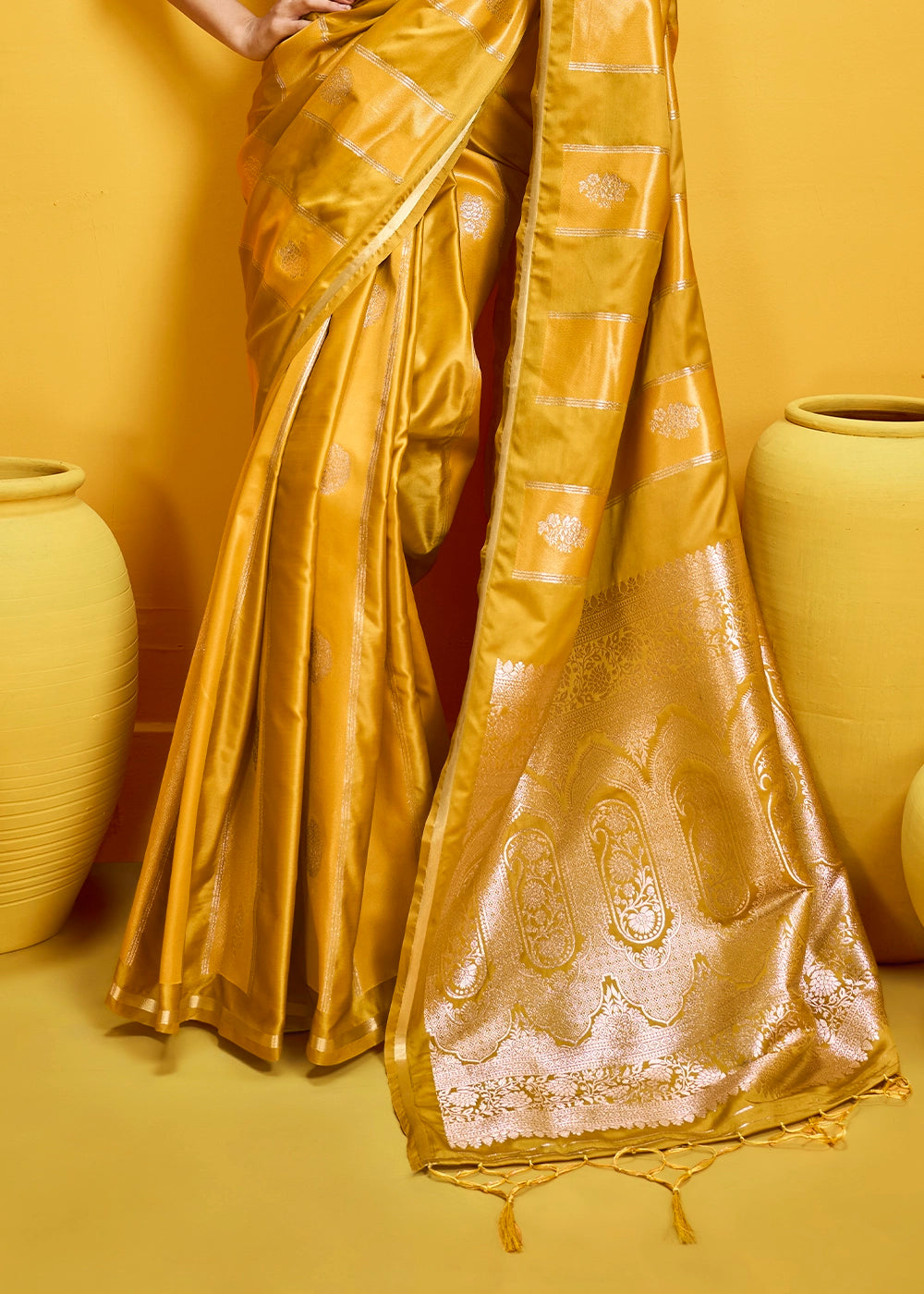 Mustard Yellow Artisan Handloom Satin Silk Saree