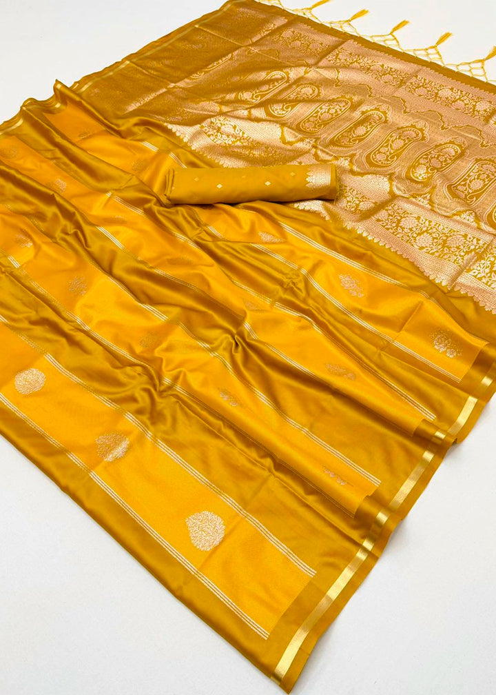 Mustard Yellow Artisan Handloom Satin Silk Saree