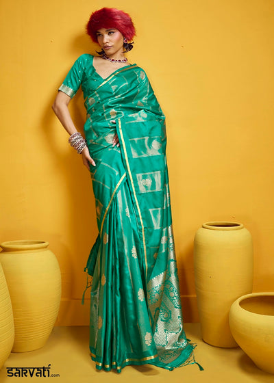 Dark Cyan Green Artisan Handloom Satin Silk Saree