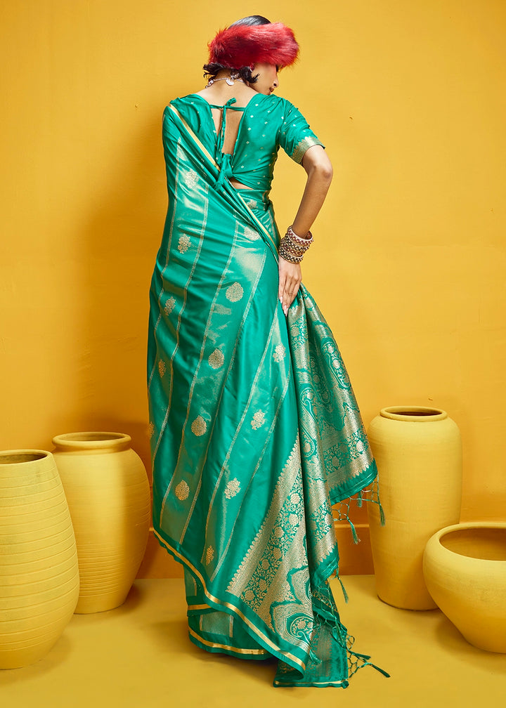 Dark Cyan Green Artisan Handloom Satin Silk Saree