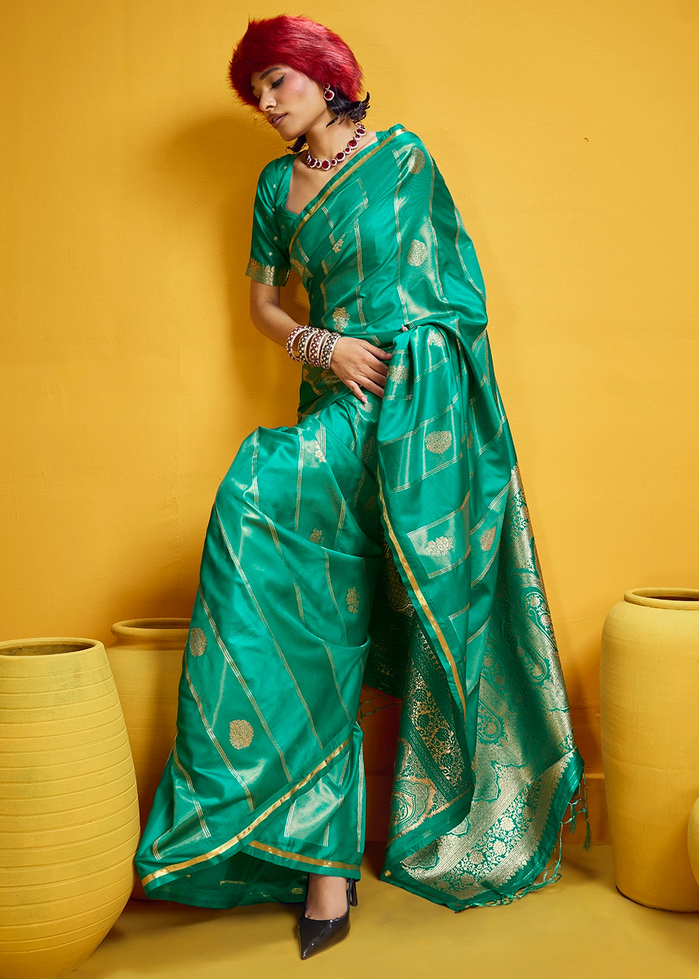 Dark Cyan Green Artisan Handloom Satin Silk Saree