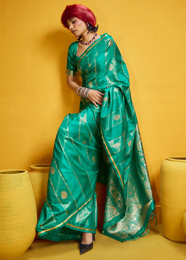 Dark Cyan Green Artisan Handloom Satin Silk Saree