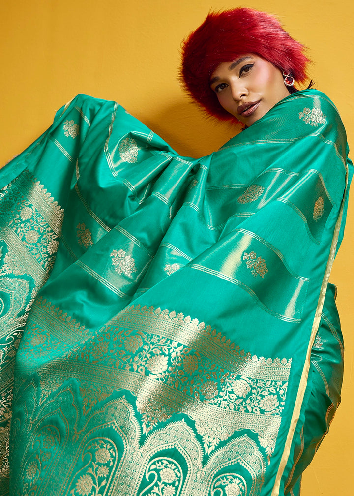 Dark Cyan Green Artisan Handloom Satin Silk Saree