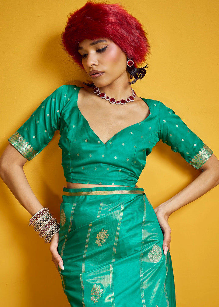 Dark Cyan Green Artisan Handloom Satin Silk Saree