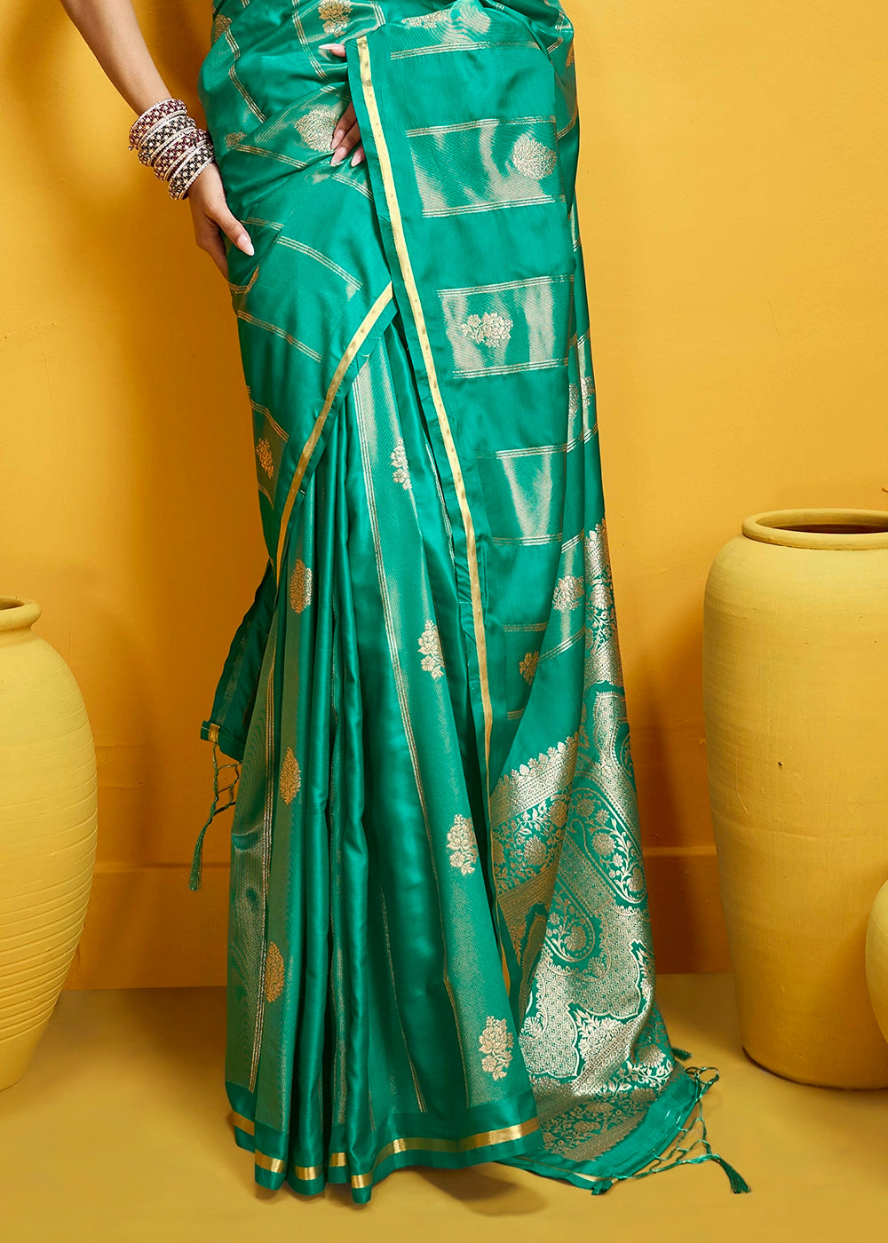 Dark Cyan Green Artisan Handloom Satin Silk Saree