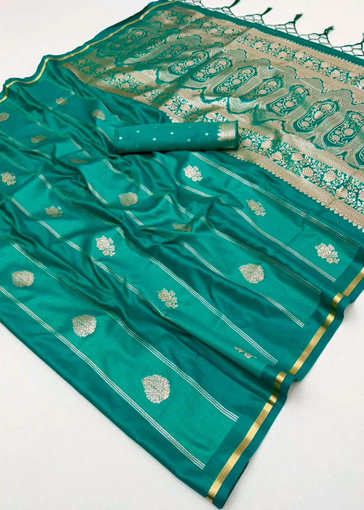 Dark Cyan Green Artisan Handloom Satin Silk Saree