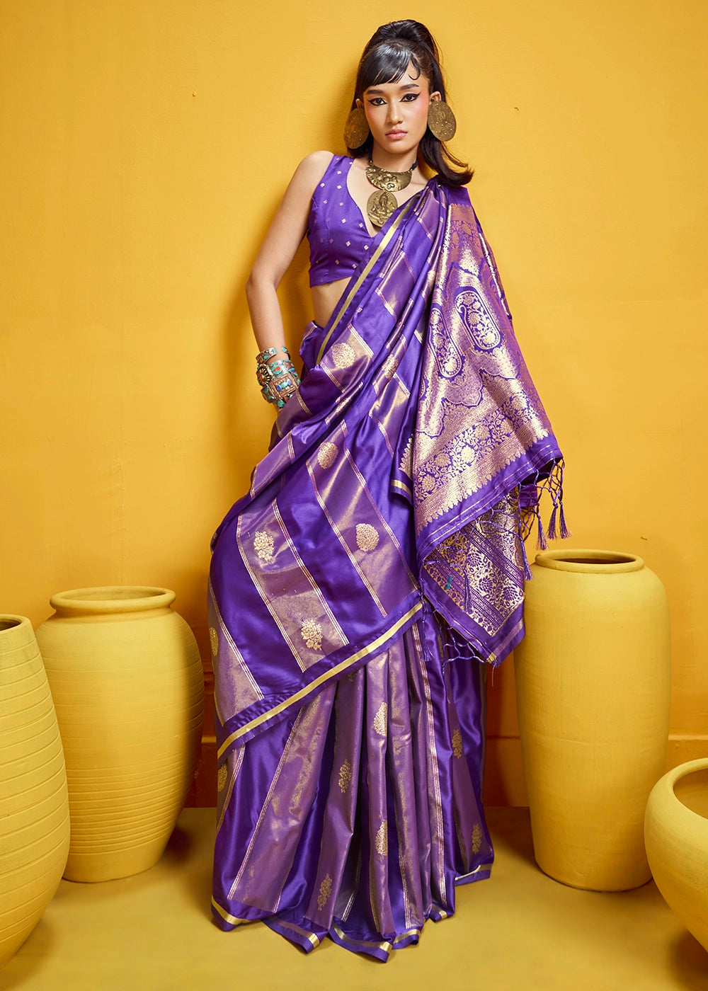 Grape Purple Artisan Handloom Satin Silk Saree