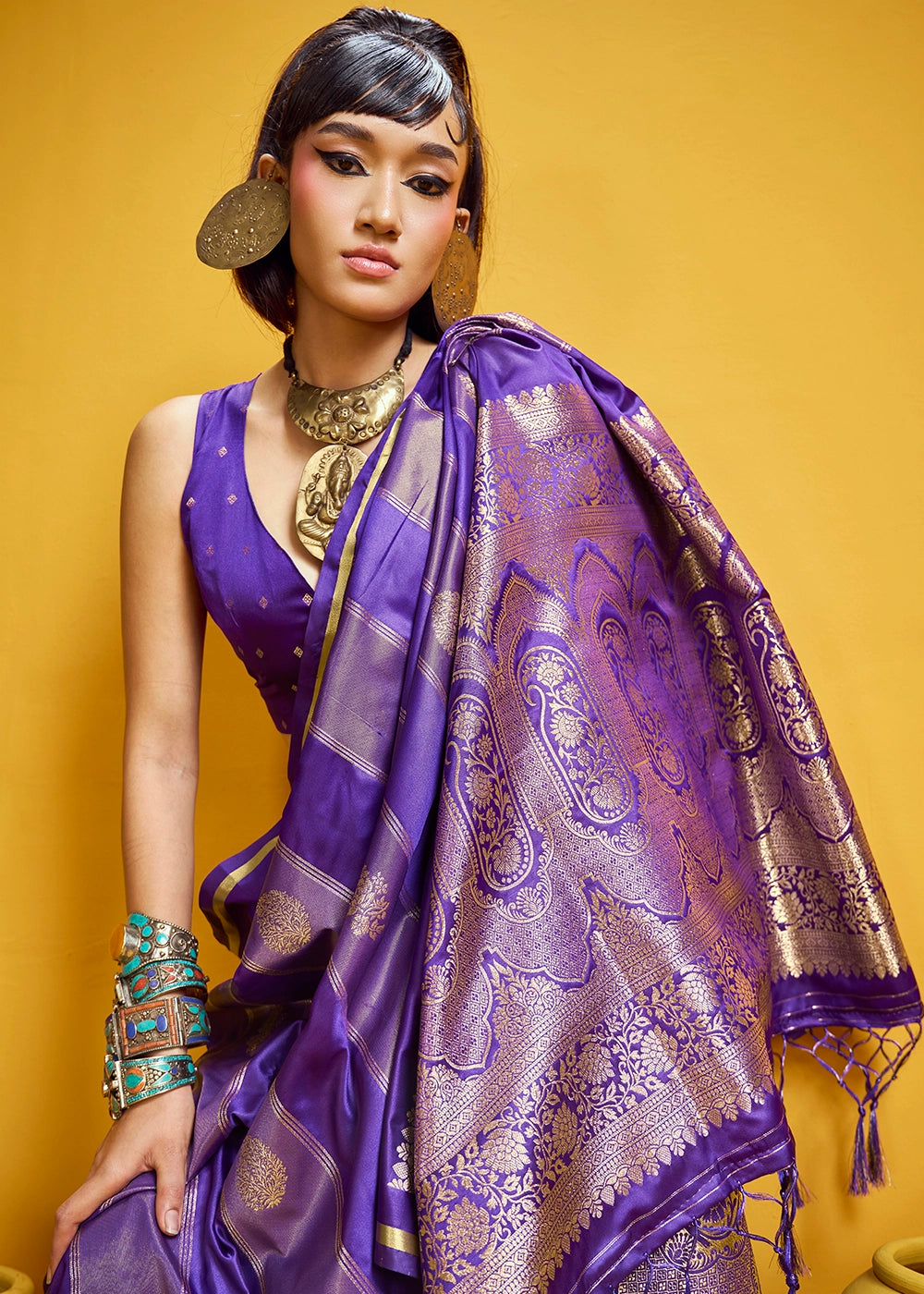 Grape Purple Artisan Handloom Satin Silk Saree