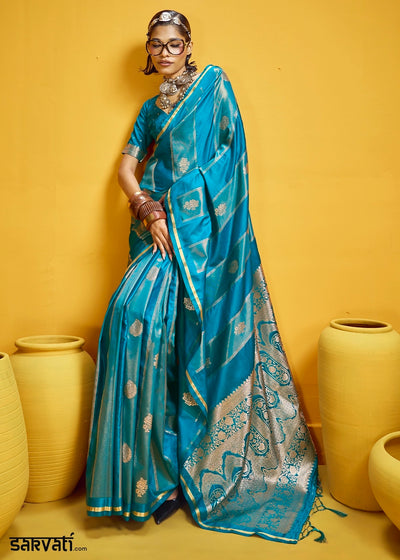 Cerulean Blue Artisan Handloom Satin Silk Saree