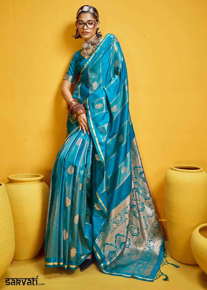 Cerulean Blue Artisan Handloom Satin Silk Saree