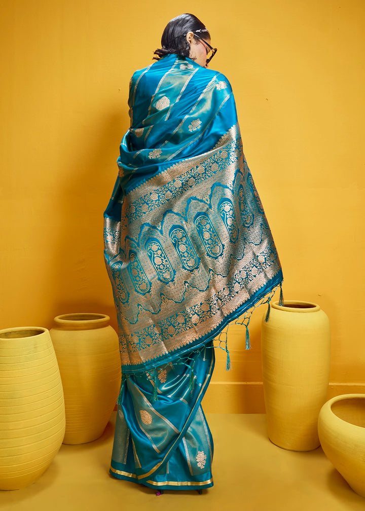 Cerulean Blue Artisan Handloom Satin Silk Saree