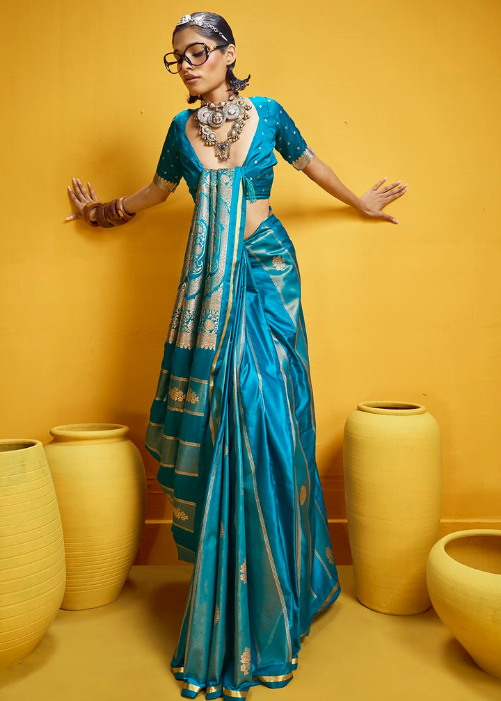 Cerulean Blue Artisan Handloom Satin Silk Saree