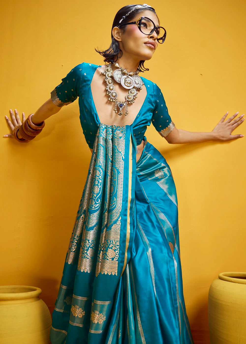 Cerulean Blue Artisan Handloom Satin Silk Saree