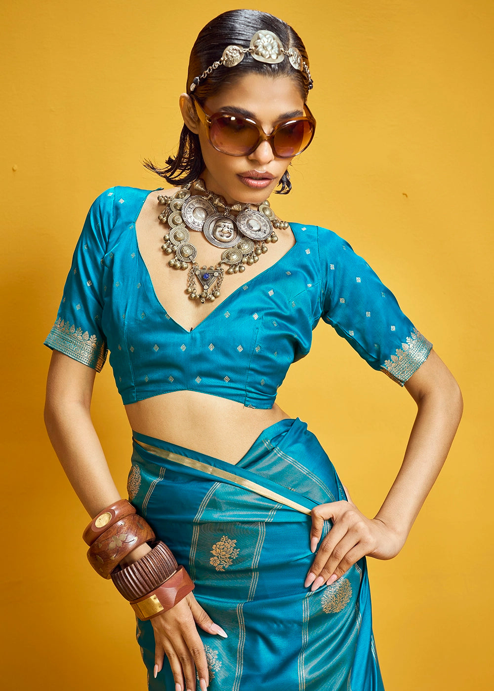 Cerulean Blue Artisan Handloom Satin Silk Saree