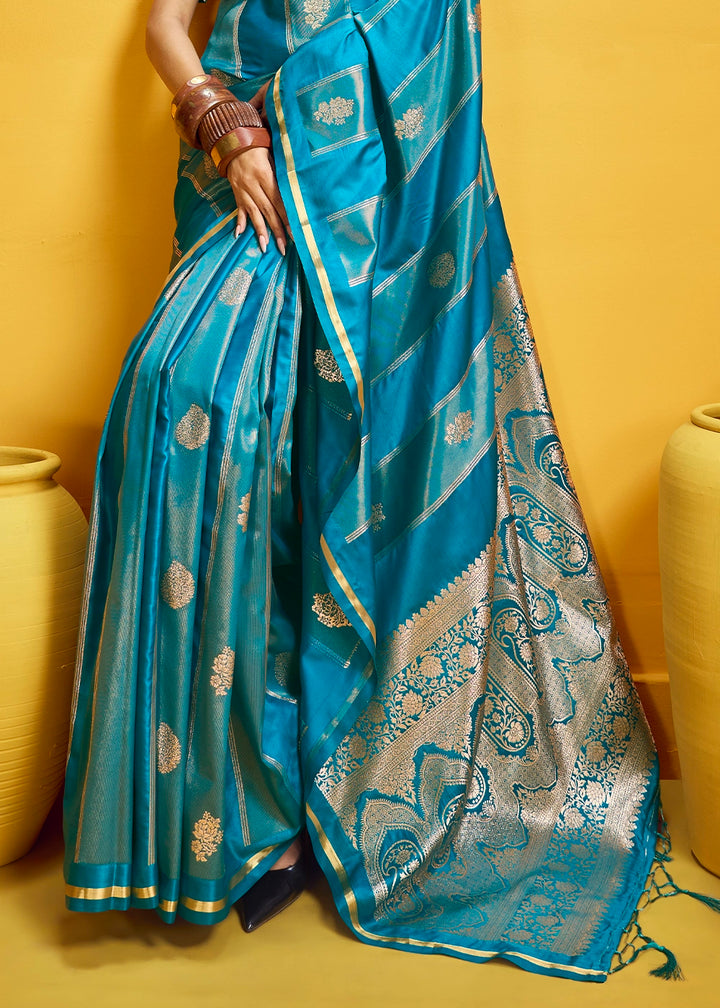Cerulean Blue Artisan Handloom Satin Silk Saree