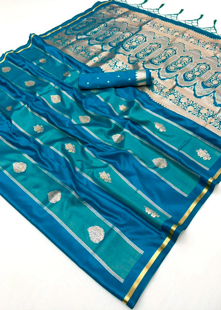 Cerulean Blue Artisan Handloom Satin Silk Saree