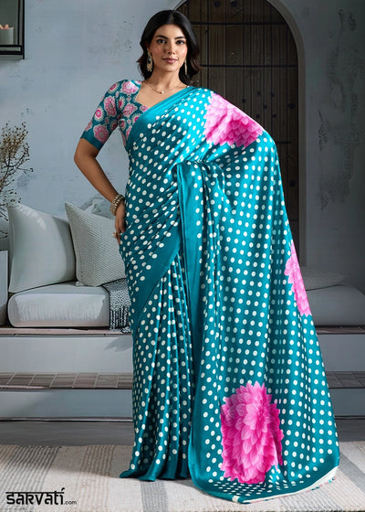 Cerulean Blue Modal Satin Ajrakh Printed Summer Saree