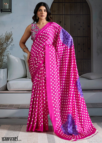 Hot Pink Modal Satin Ajrakh Printed Summer Saree