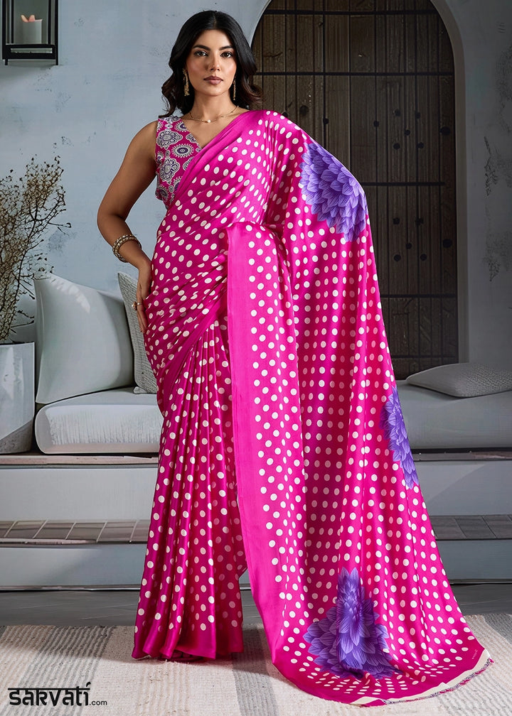 Hot Pink Modal Satin Ajrakh Printed Summer Saree