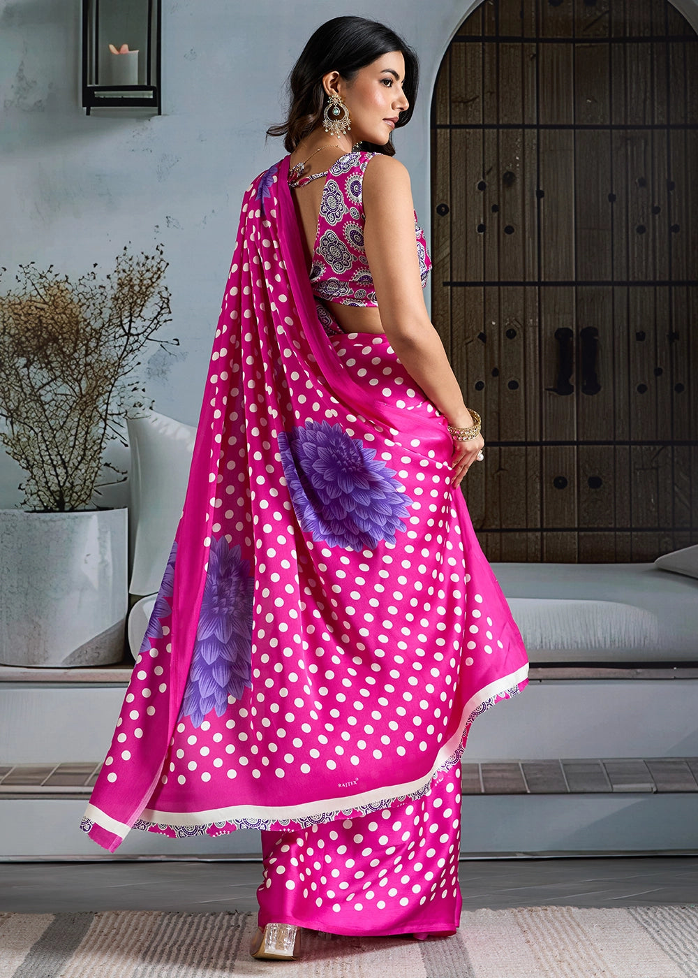 Hot Pink Modal Satin Ajrakh Printed Summer Saree
