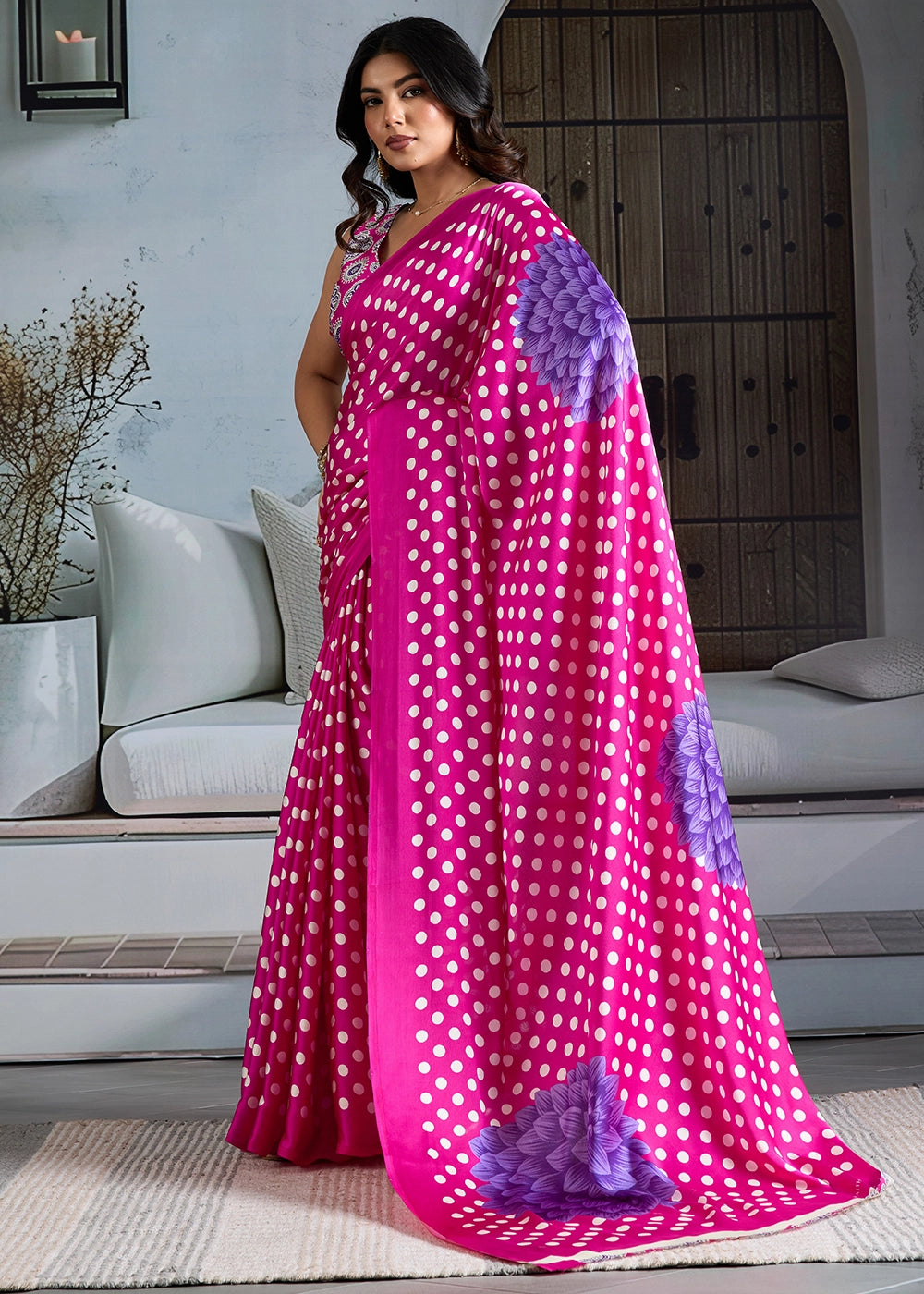 Hot Pink Modal Satin Ajrakh Printed Summer Saree