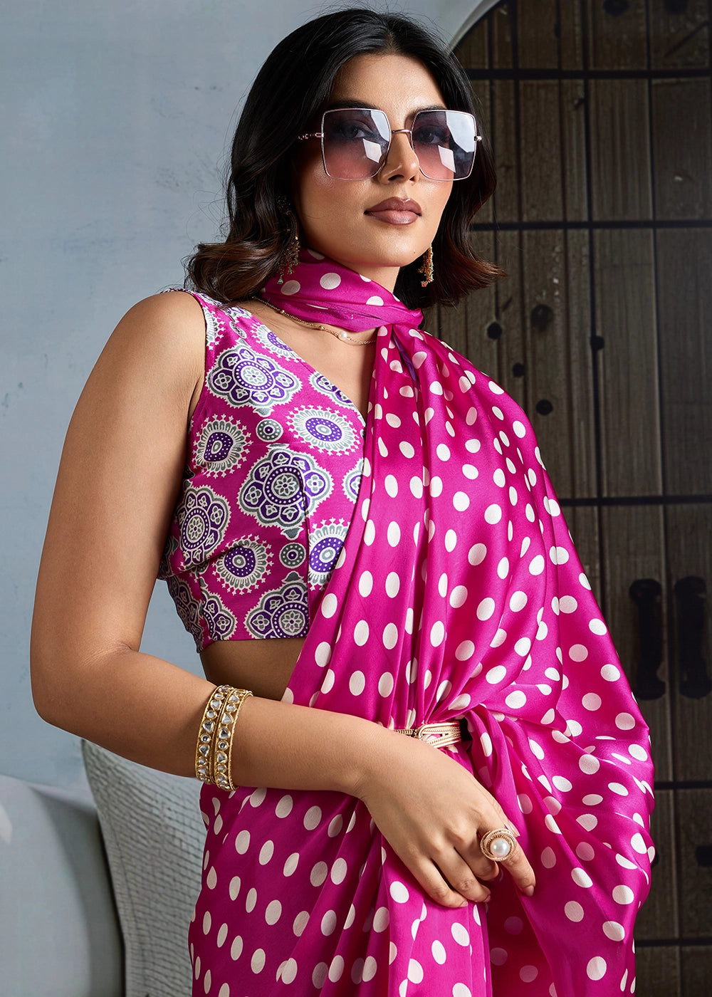 Hot Pink Modal Satin Ajrakh Printed Summer Saree