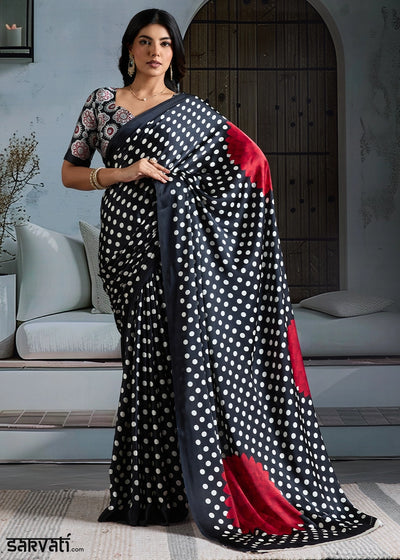 Onyx Black Modal Satin Ajrakh Printed Summer Saree