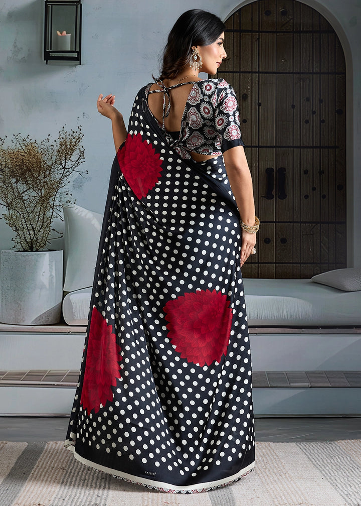 Onyx Black Modal Satin Ajrakh Printed Summer Saree