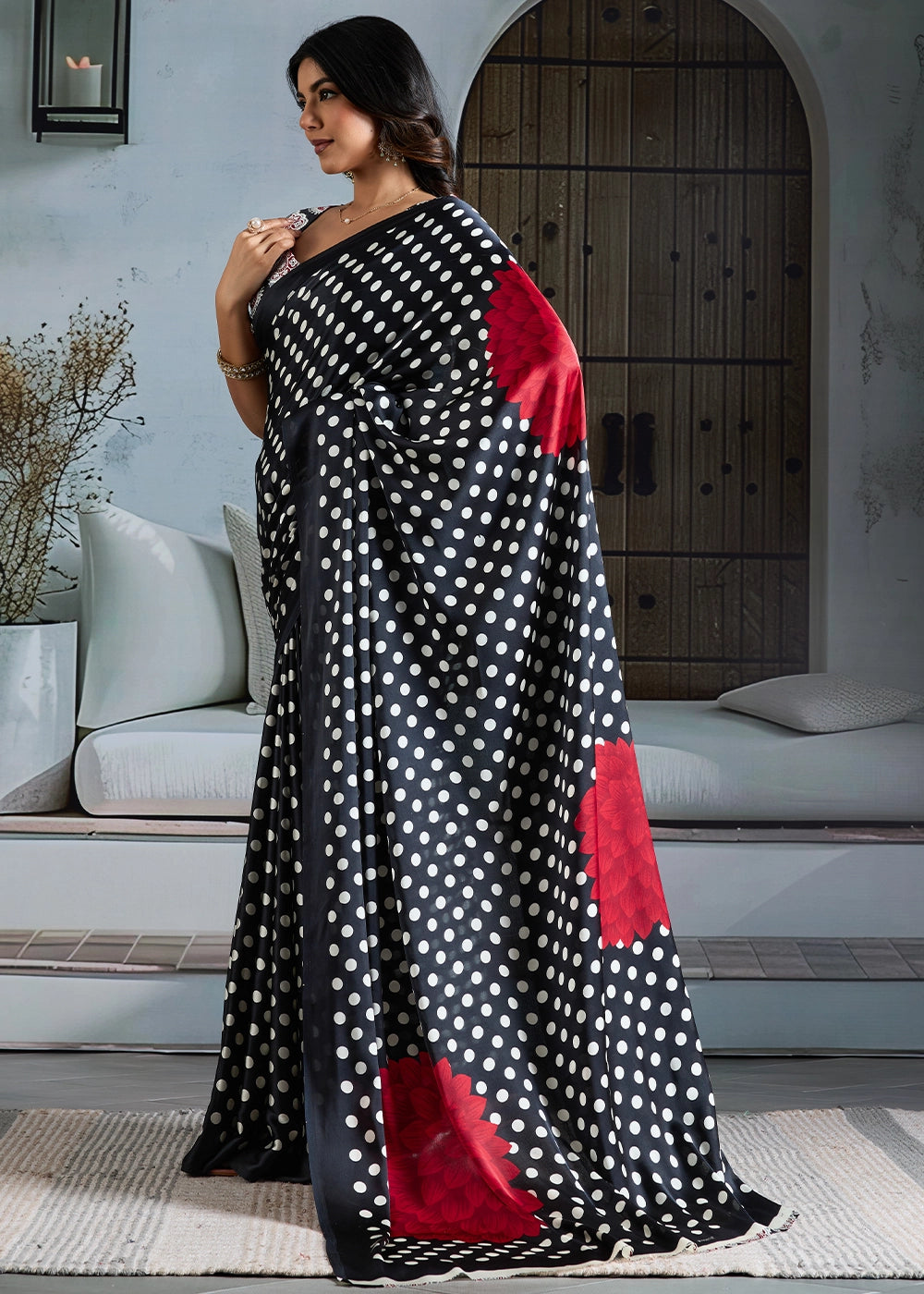 Onyx Black Modal Satin Ajrakh Printed Summer Saree