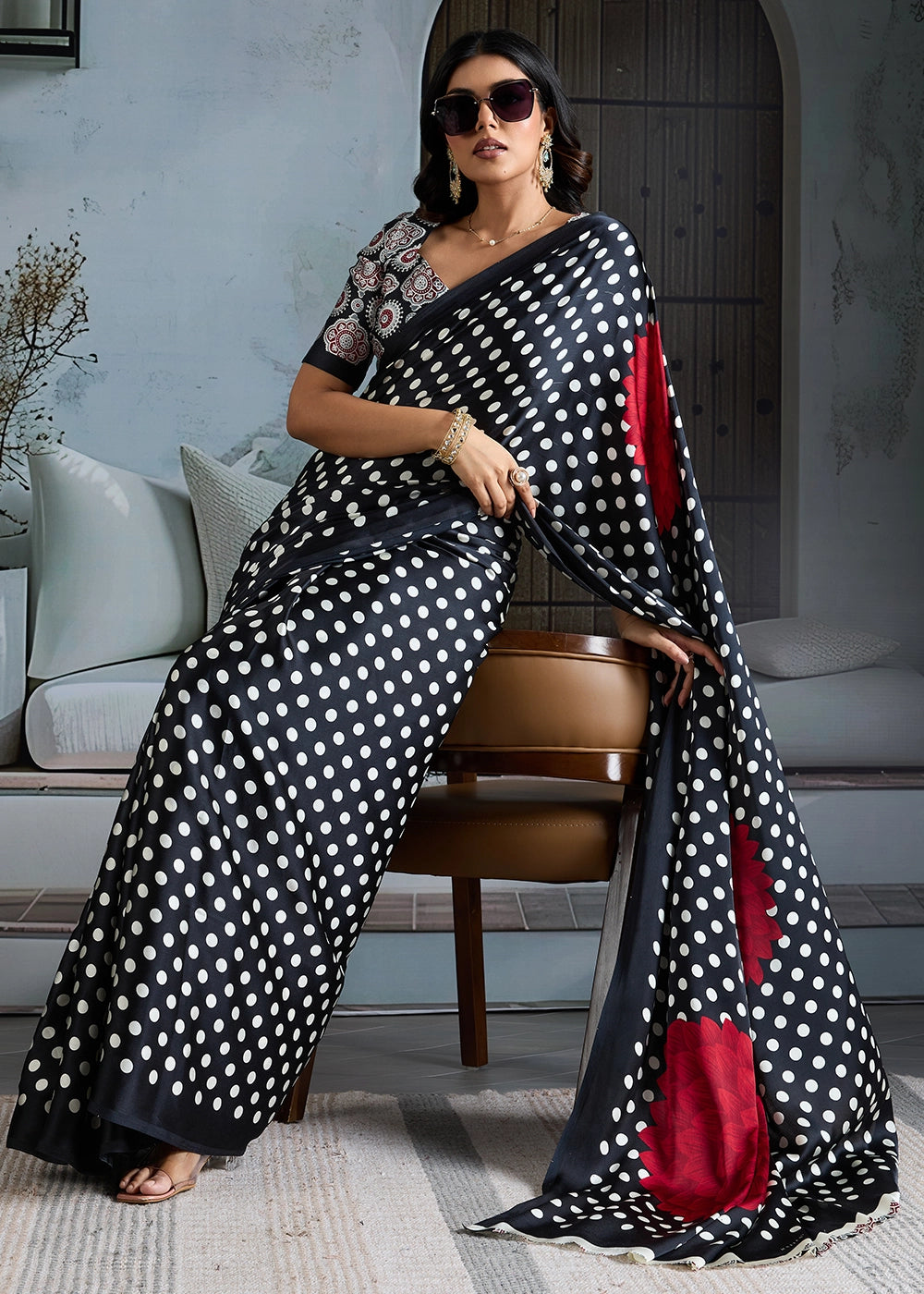 Onyx Black Modal Satin Ajrakh Printed Summer Saree