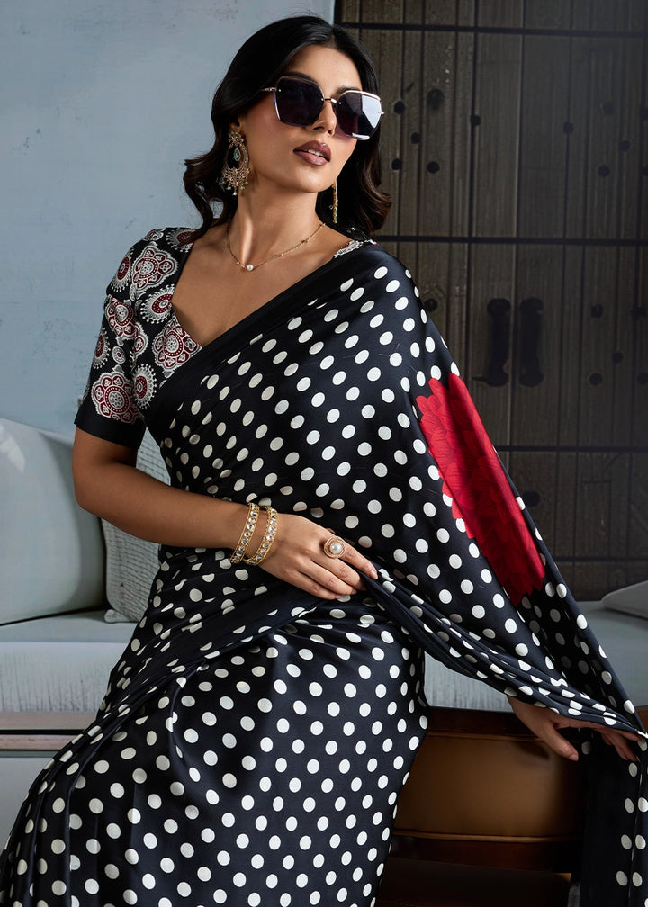 Onyx Black Modal Satin Ajrakh Printed Summer Saree