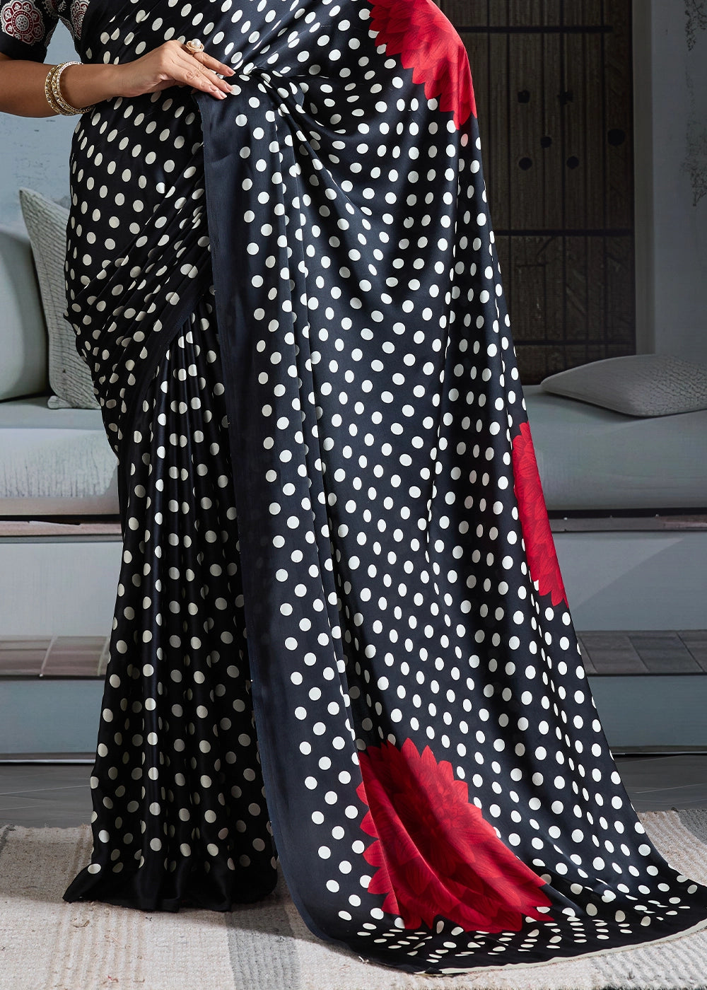Onyx Black Modal Satin Ajrakh Printed Summer Saree