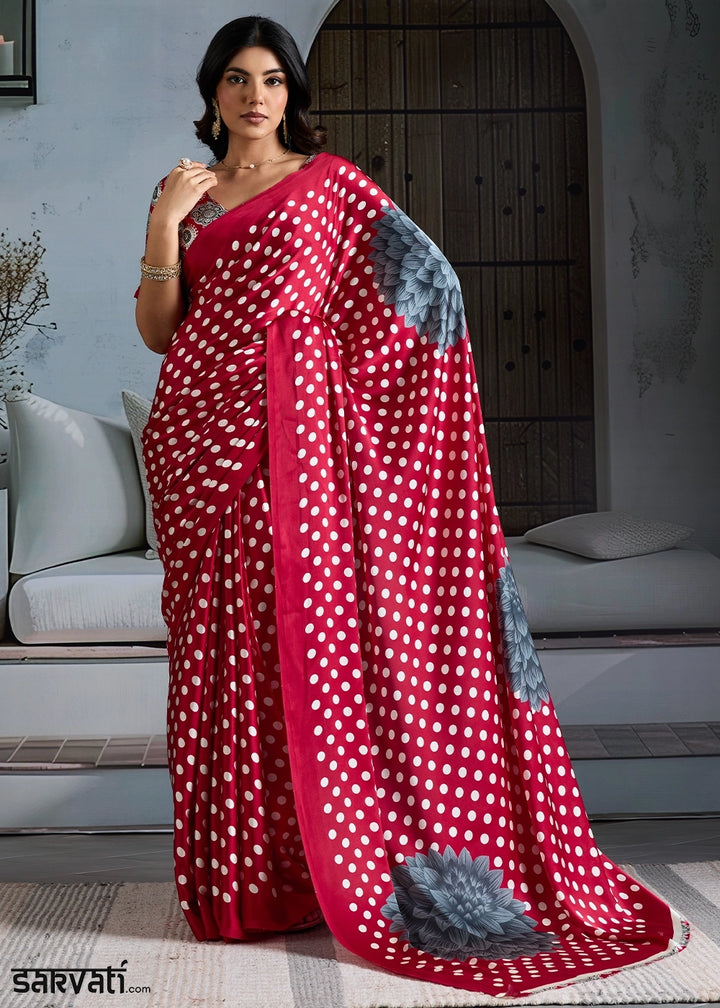 Crimson Red Modal Satin Ajrakh Printed Summer Saree