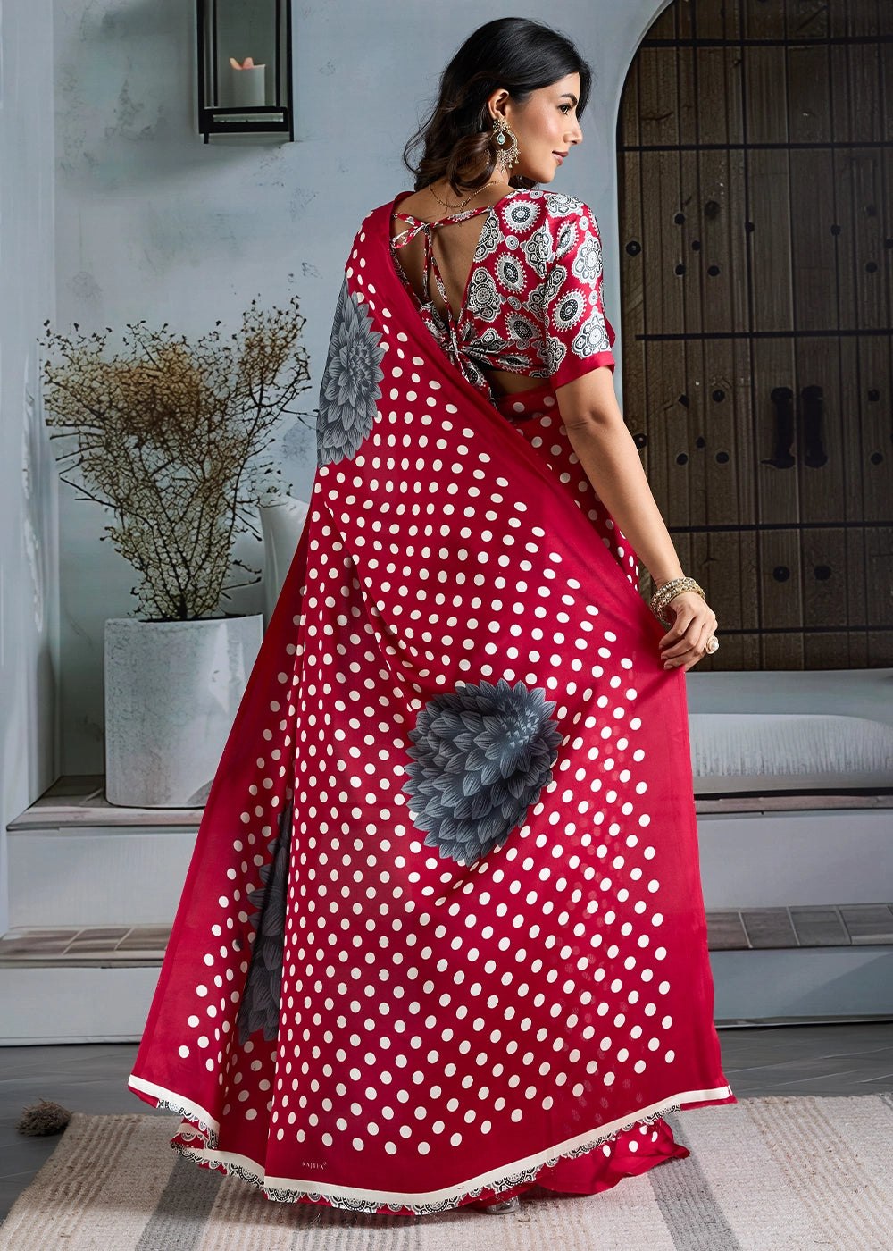 Crimson Red Modal Satin Ajrakh Printed Summer Saree