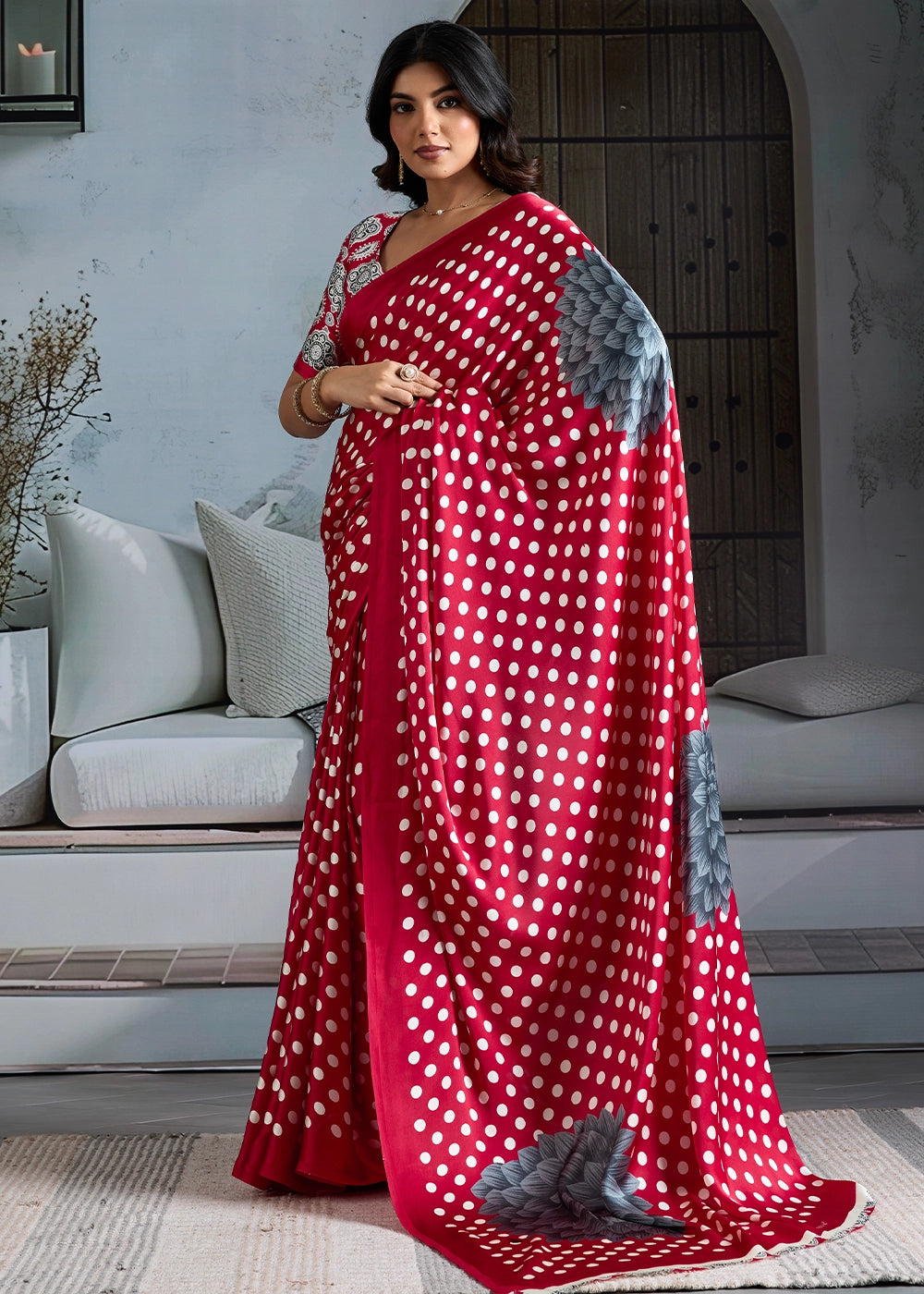 Crimson Red Modal Satin Ajrakh Printed Summer Saree