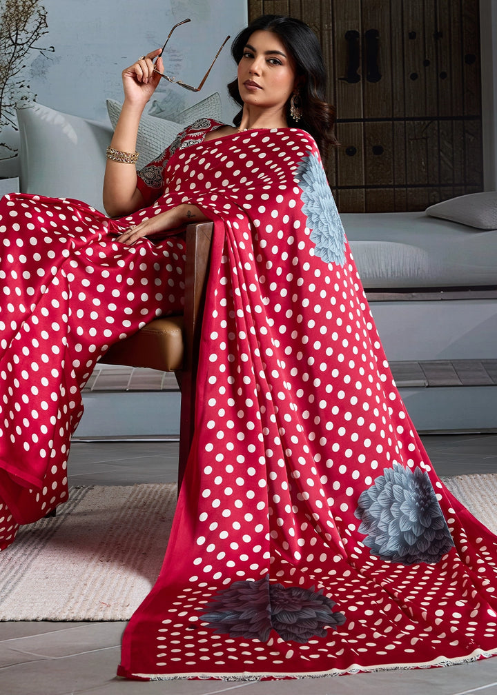 Crimson Red Modal Satin Ajrakh Printed Summer Saree